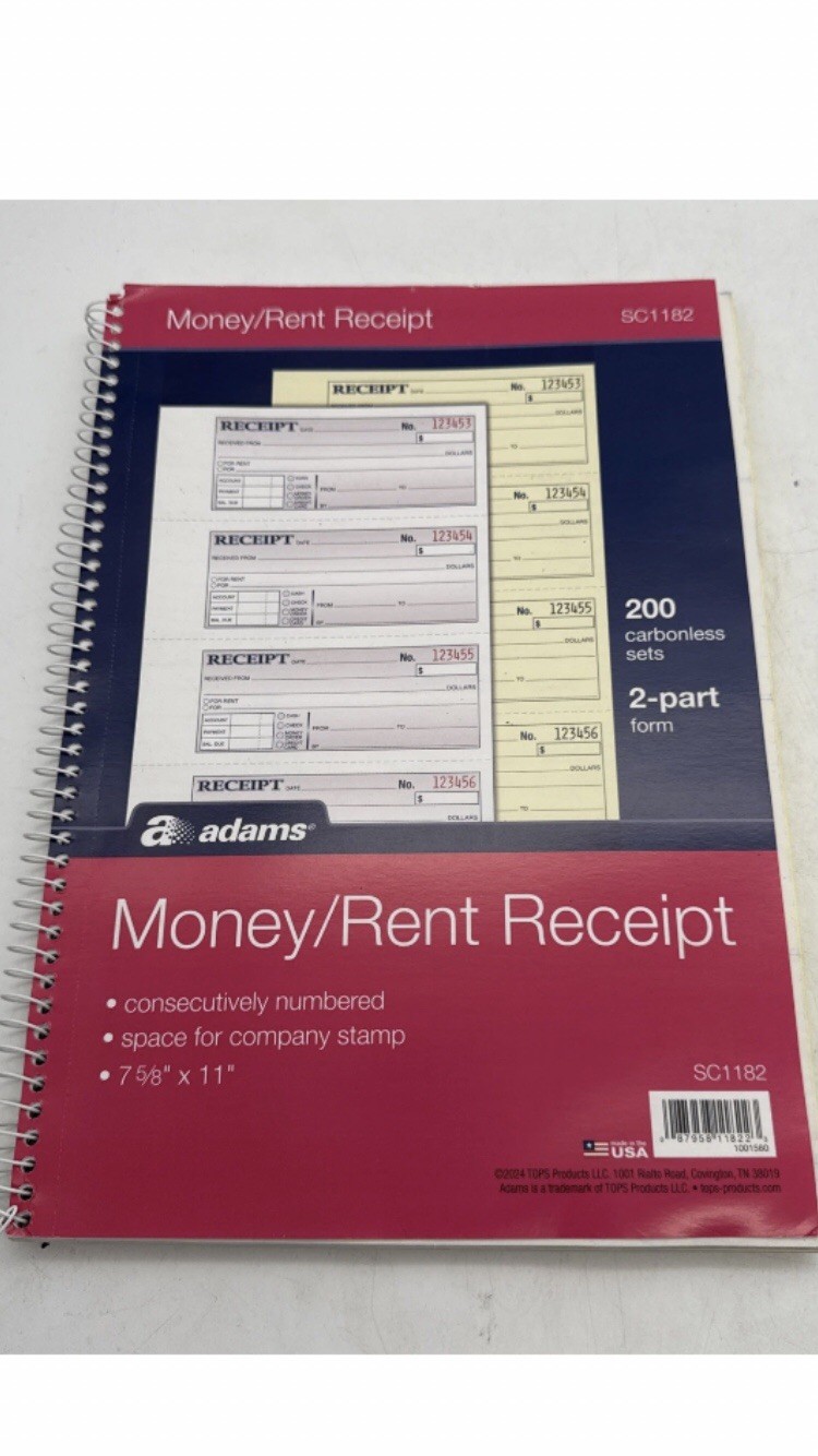 Adams Money Rent Receipt Book 7-5/8″ x 11″ Carbonless Two 2 Part