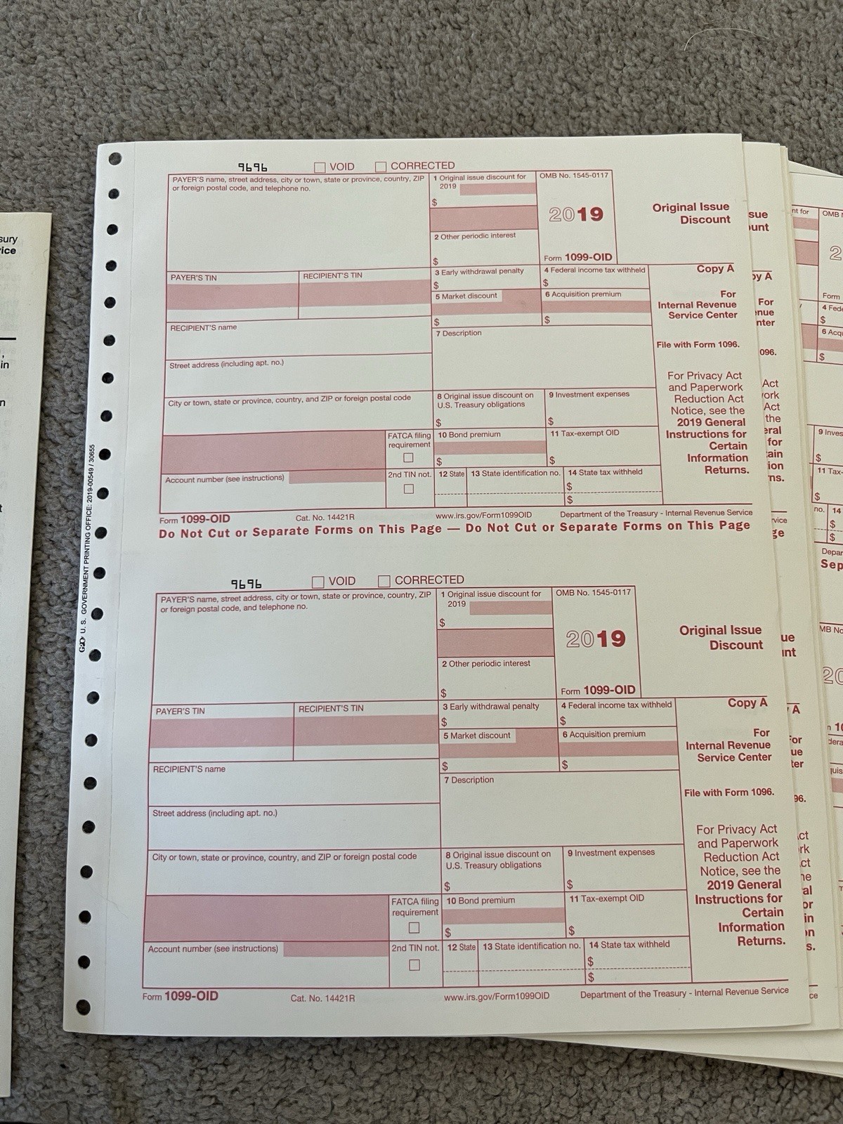1099-OID 2019 Year – 20 Pack 2 part set carbonless IRS Tax Form 40 slots total