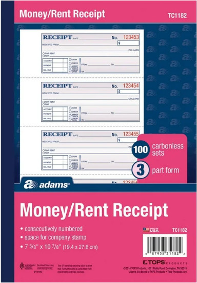 Adams 3-Part Money & Rent Receipt Book – Carbonless, 100 Sets, 7-5/8″ x 10-7/8″,