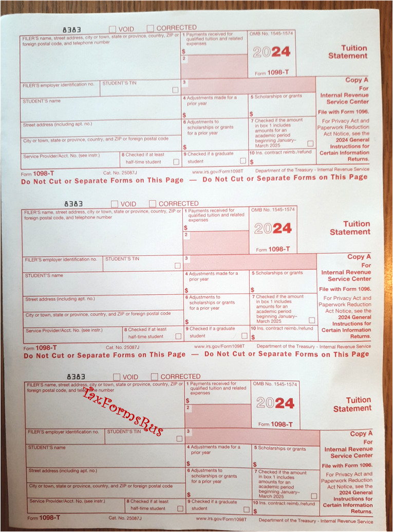 2024 IRS Tax Form 1098-T single sheet set for 3 students, NONcarbonless 2pt, 3up