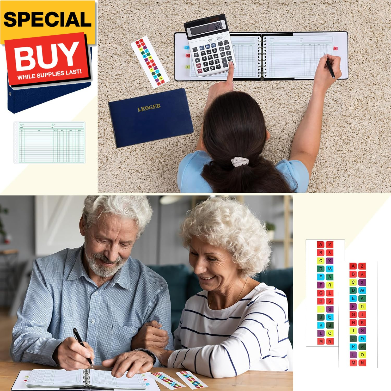 2 Pcs Ring Ledger Binder with 400 Pcs 5″ x 8.5″ Ledger Sheets Small Index Tabs L