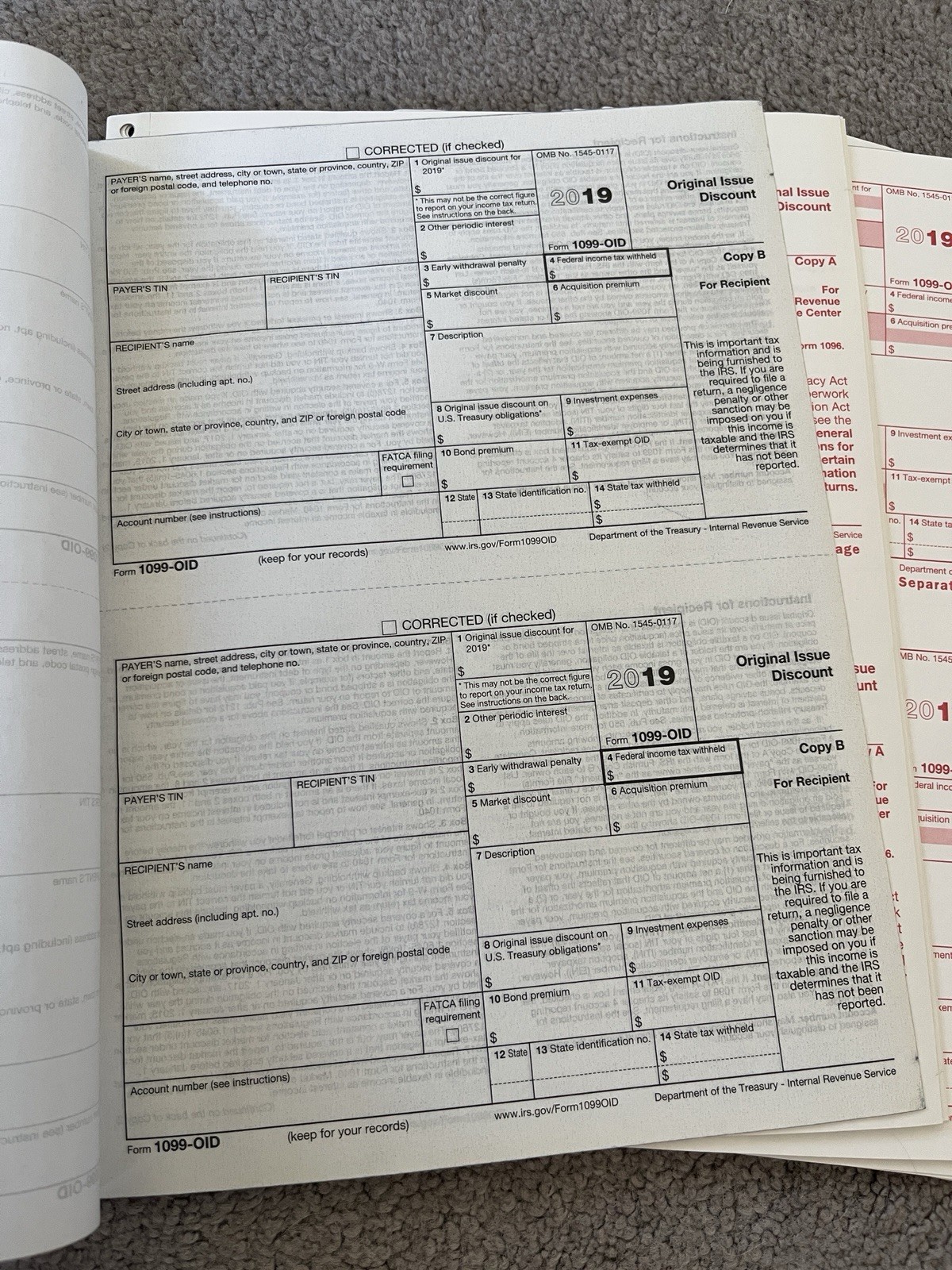 1099-OID 2019 Year – 20 Pack 2 part set carbonless IRS Tax Form 40 slots total