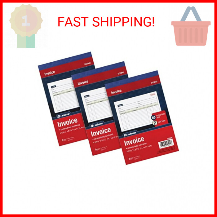 Adams Invoice Book 3 Pack, 2 Part Carbonless Invoices, Horizontal Sales Slip, 5-