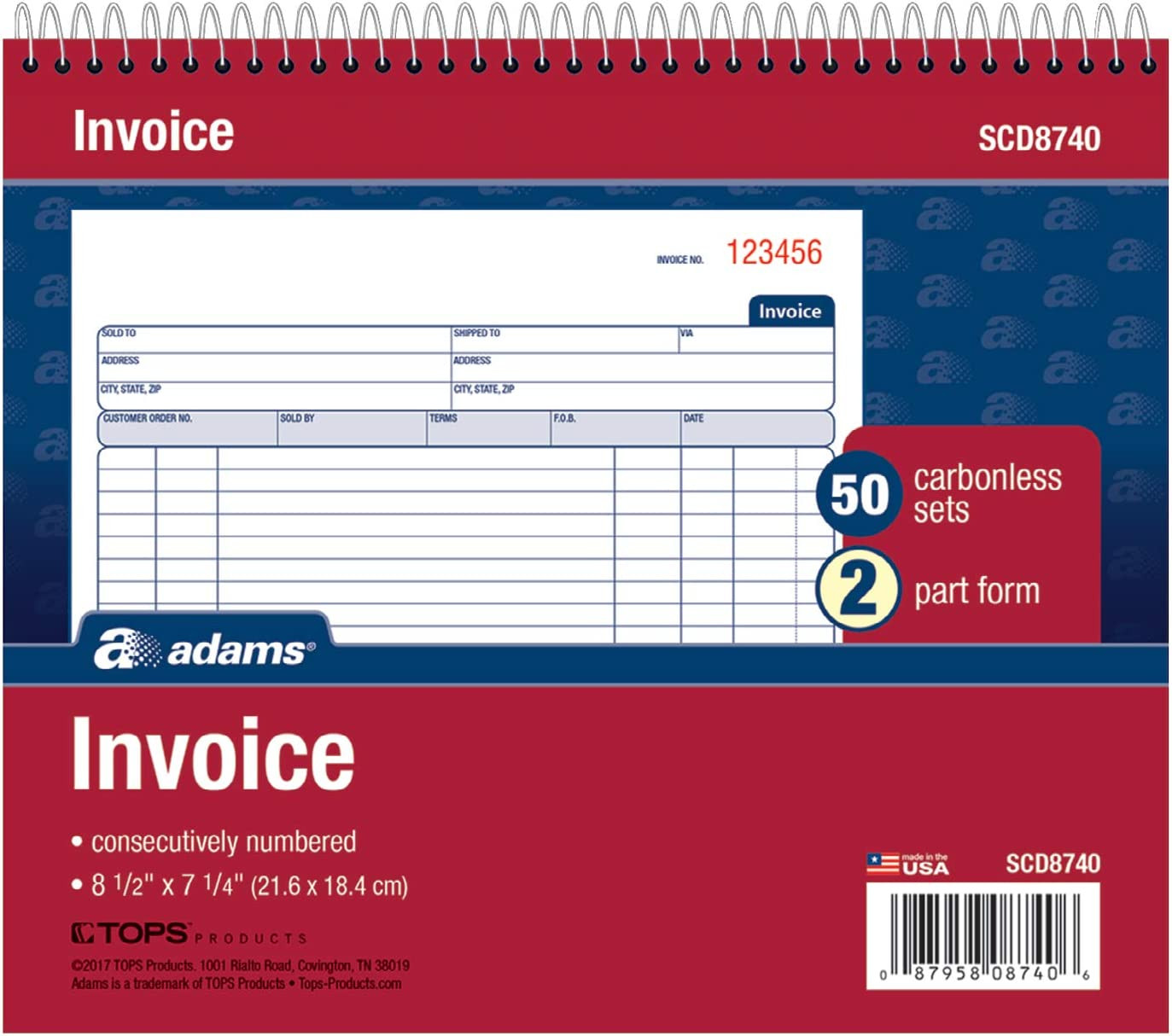 Spiral Invoice Book, 8 1/2 X 7 1/4, 2-Part, Carbonless, White/Canary, (SCD8740)