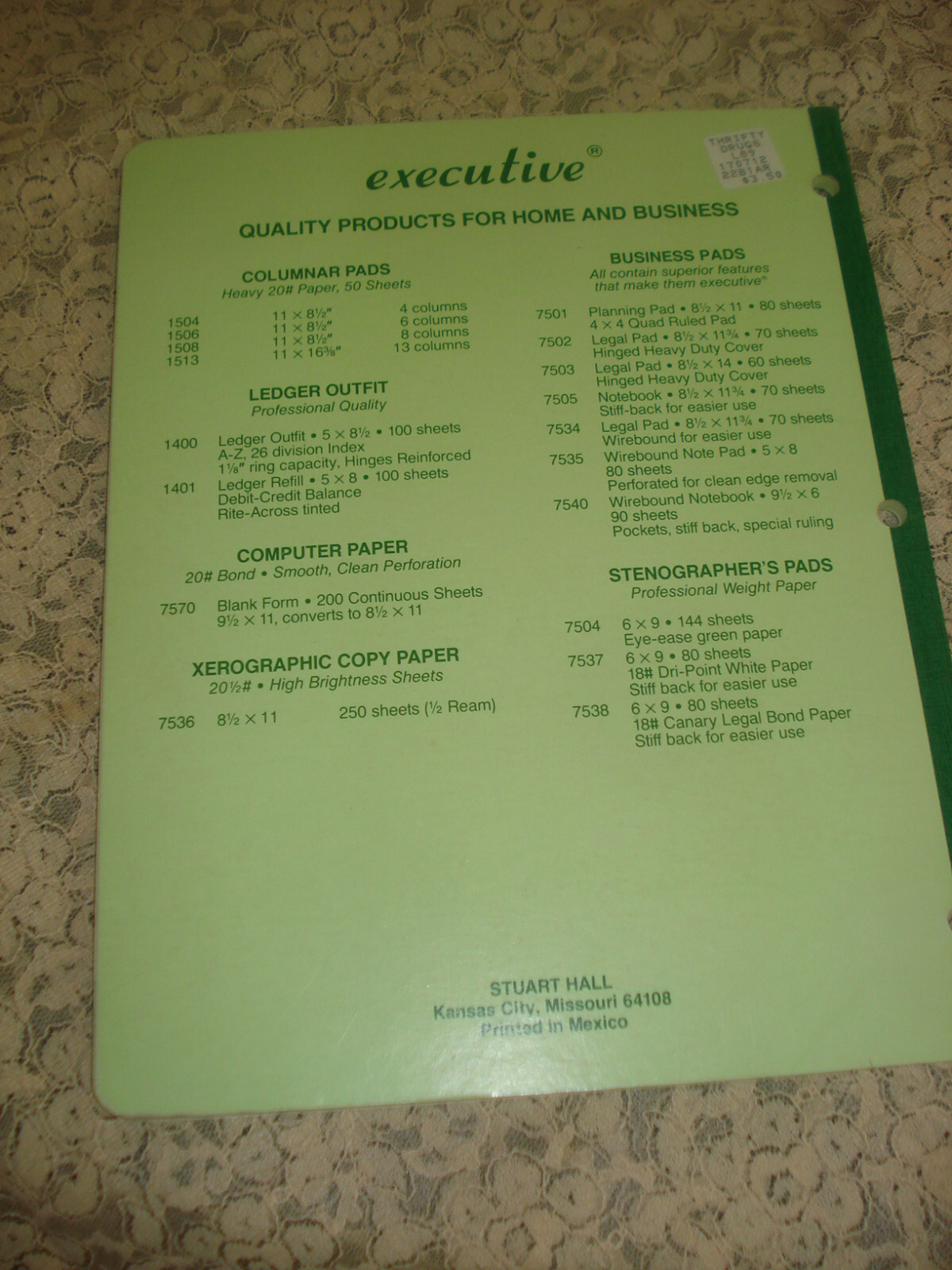 Vtg Stuart Hall Executive 8.5 X 11 Green Columnar Pad 50 Sheets 6 Columns 1506