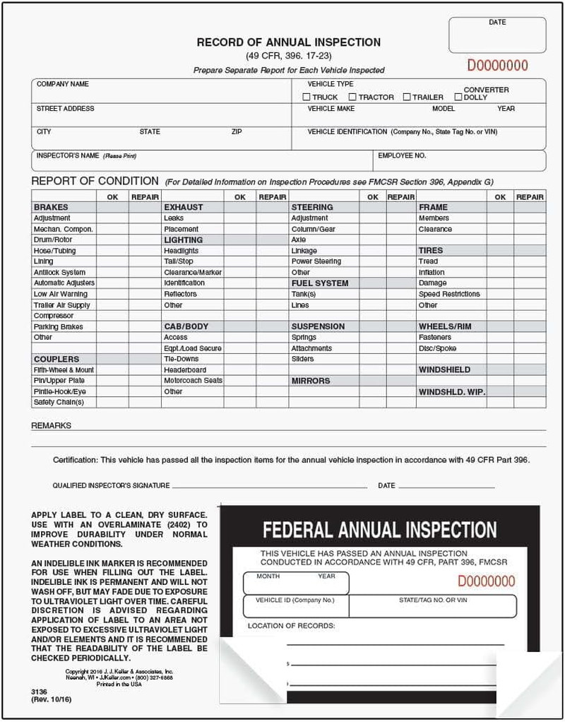J. J. Keller 25-Pack, Record of Annual Inspection Form with Inspection Label
