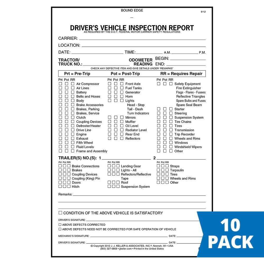 J. J. Keller Detailed Pre- & Post-Trip DVIR Book 10-pk., 2-Ply Carbonless, 5.5″