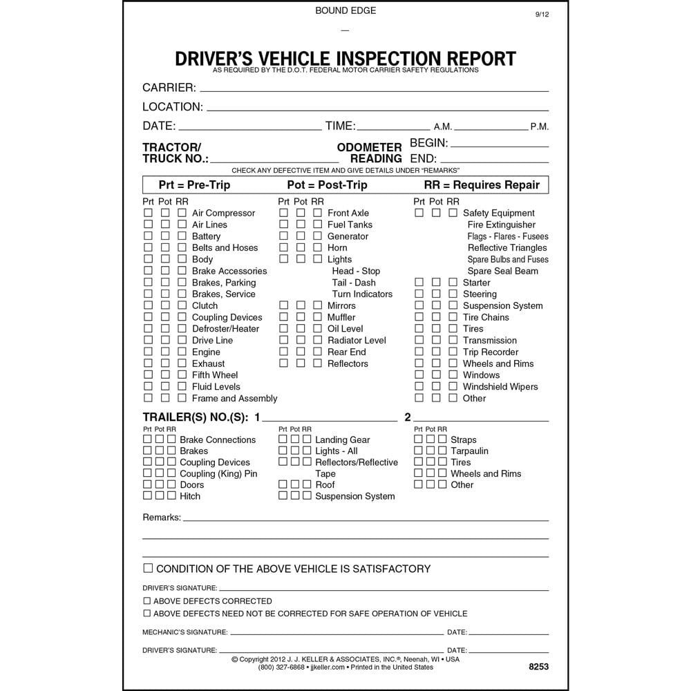 J. J. Keller Detailed Pre- & Post-Trip DVIR Book 10-pk., 2-Ply Carbonless, 5.5″