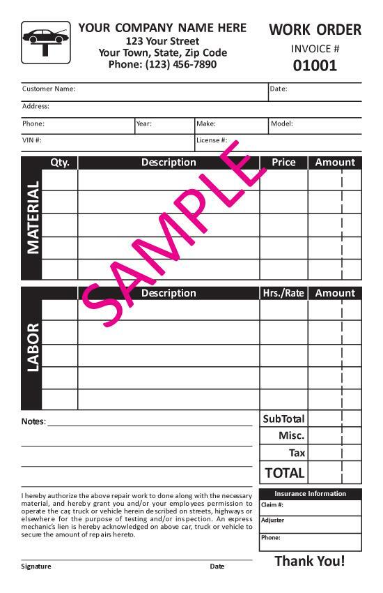 1000 Custom Auto Repair Carbonless Forms, Invoices FREE Numbering TMG048