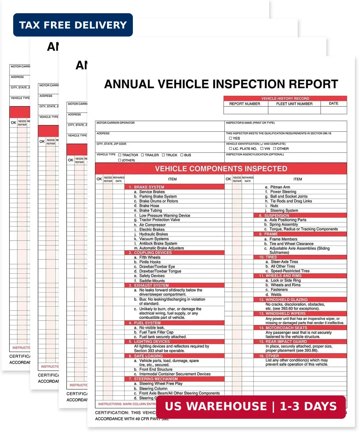 Annual Vehicle Inspection Report Form 25-pk 3-Ply Carbonless, 8.5″ x 11.75″