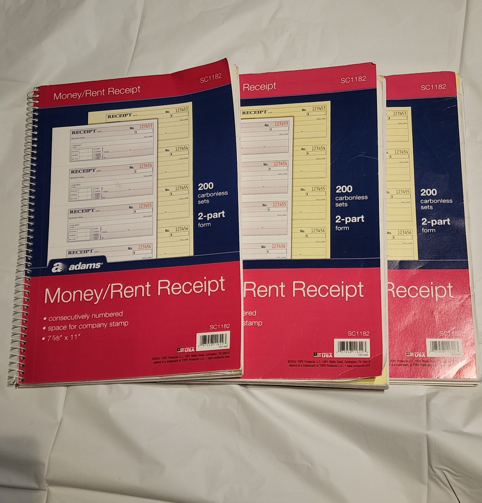 Set of 3-Adams SC1182 Receipts Book 2-Part Money Rent 200 Sets 7 5/8 x 11 Inches