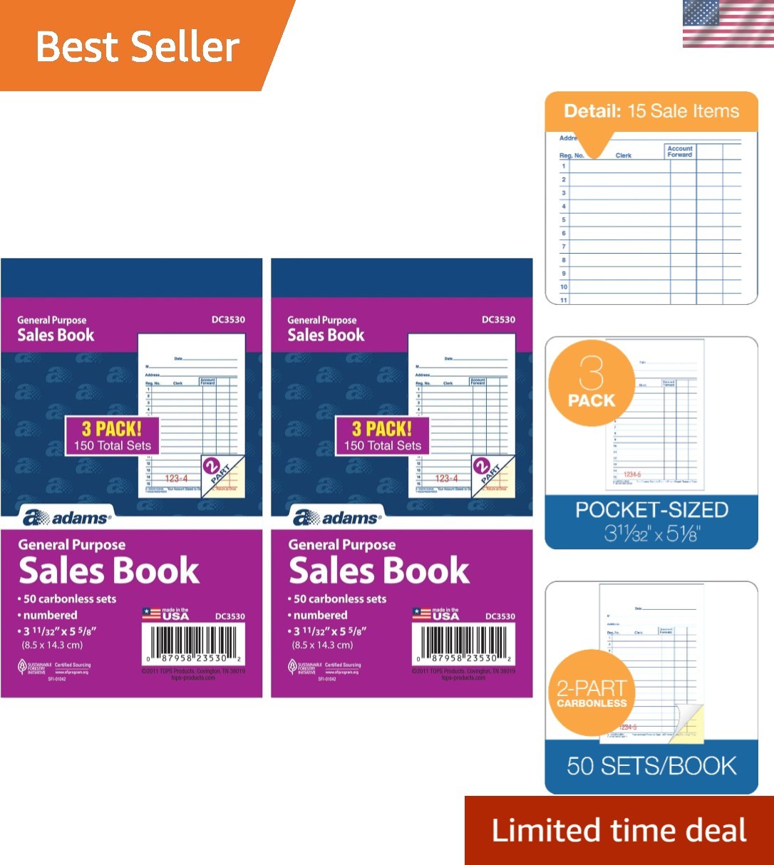 General Purpose Sales Book, 2-Part, Carbonless, White/Canary, 3-11/32 x 5-5/8…