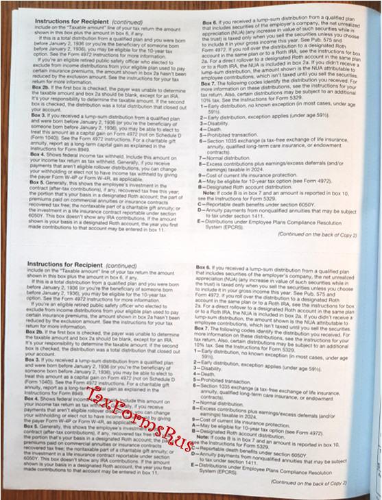 2024 IRS Tax Form 1099-R single sheet set for 2 recipients NONcarbonless 5pt 2up