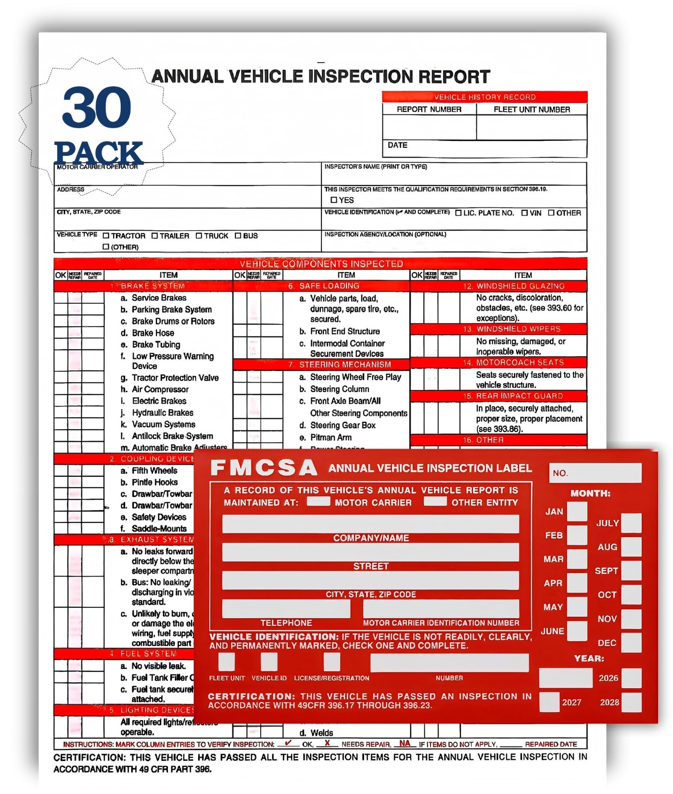 30-Pack Vehicle Inspection Report Forms Kit | 3-Ply Carbonless, Adhesive Labels