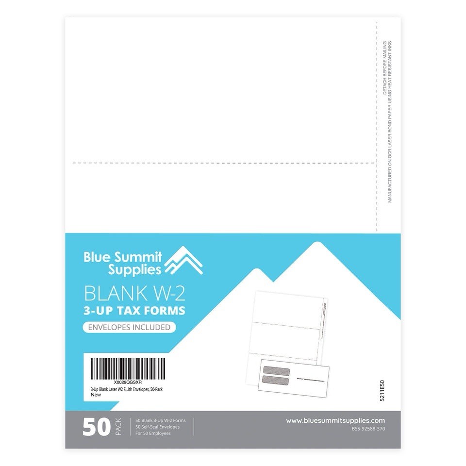 Blue Summit Supplies 50 Pack Blank W-2 3-Up Tax Forms Envelopes Included