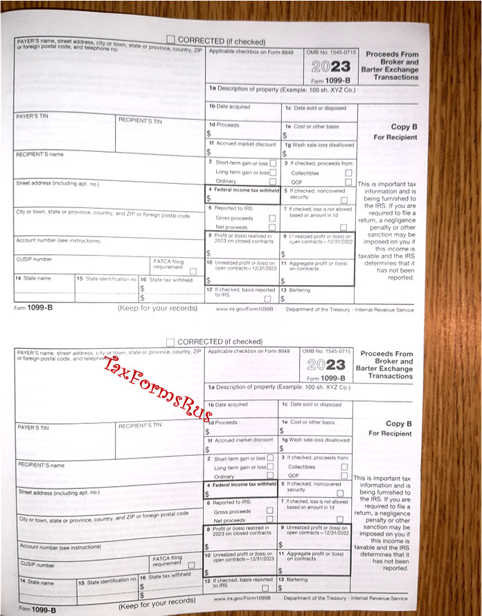 2023 IRS Tax Form 1099-B single sheet set for 2 recipients NONcarbonless 4pt 2up