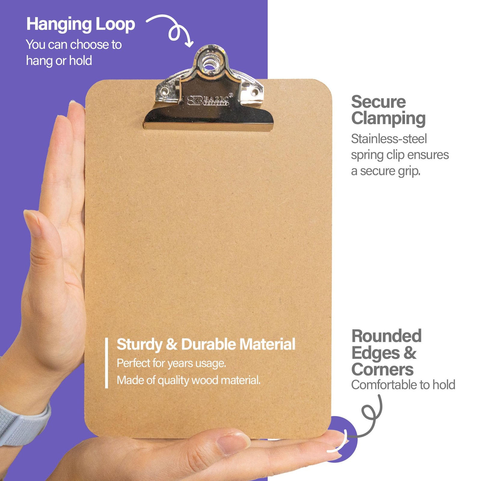 BAZIC Memo Size Hardboard Clipboard w/Sturdy Spring Clip 1-Pack, Wood