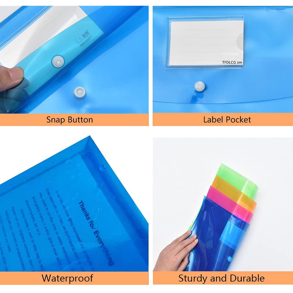 20 Pack Plastic Envelopes with Snap A4/US Letter Size, Assorted Colors