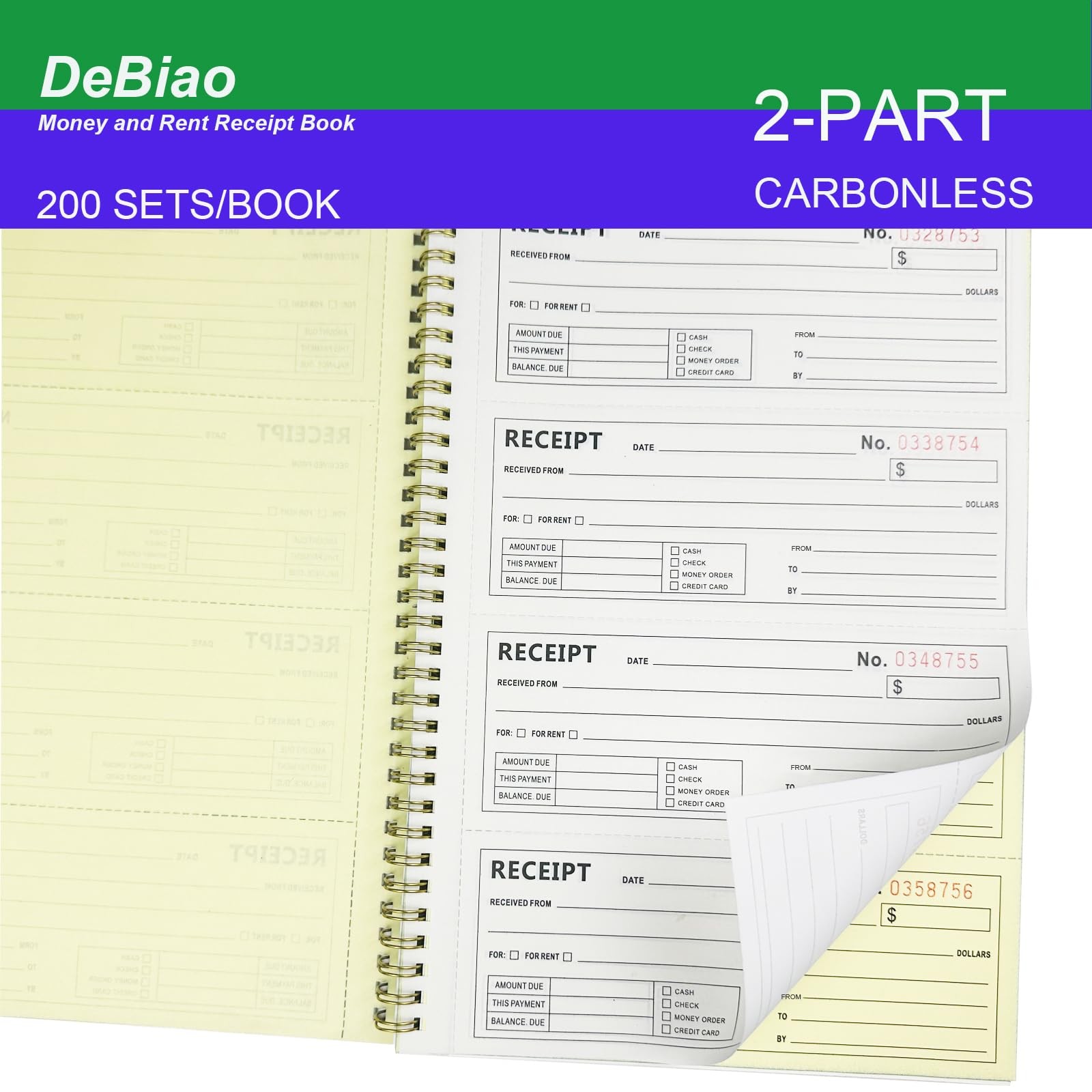 4 Pack 2Part Carbonless Money Rent Receipt Book 75/8×11 In 200 Sets