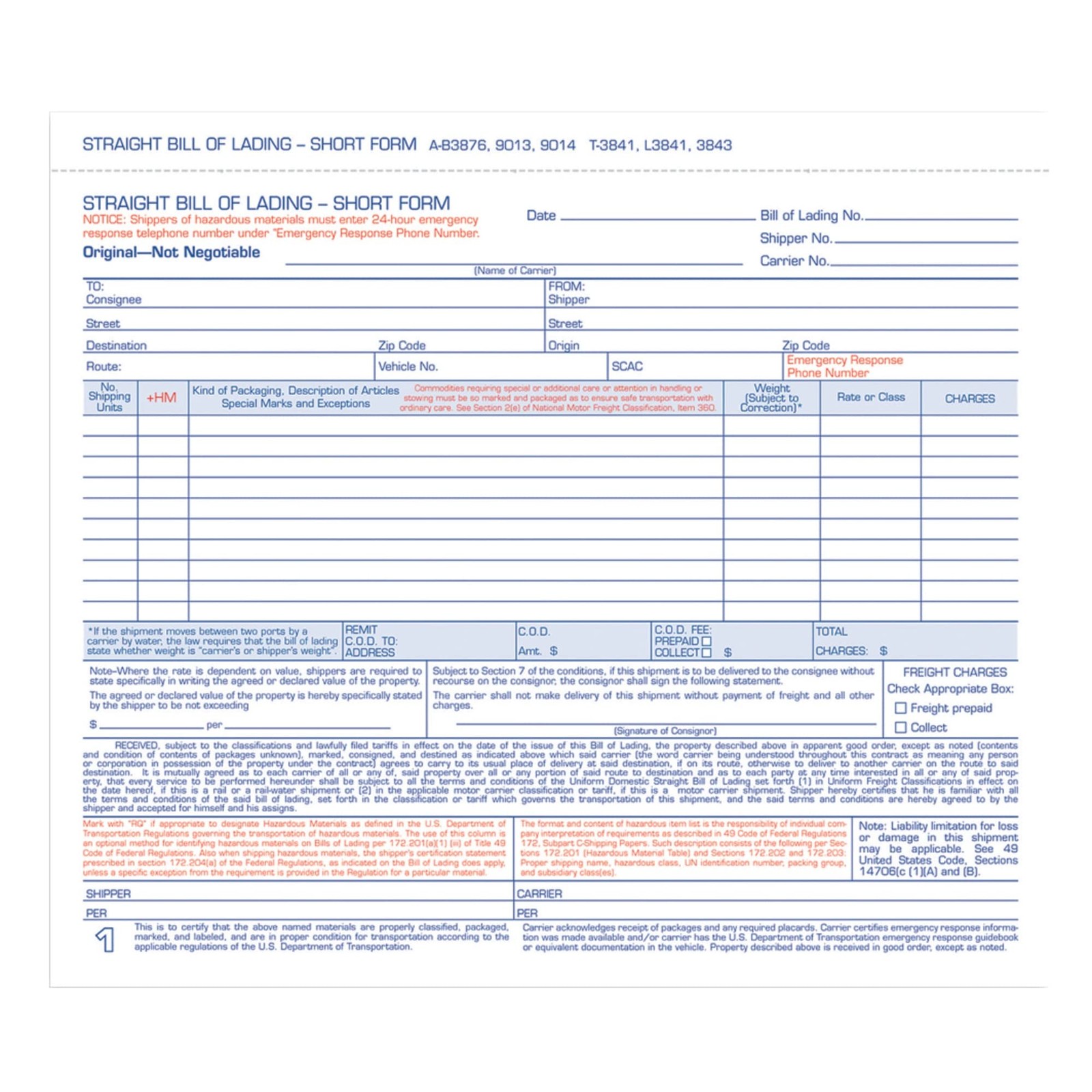 Adams Bill of Lading Short Form, 8-1/2 x 7-7/16 x Inches, White