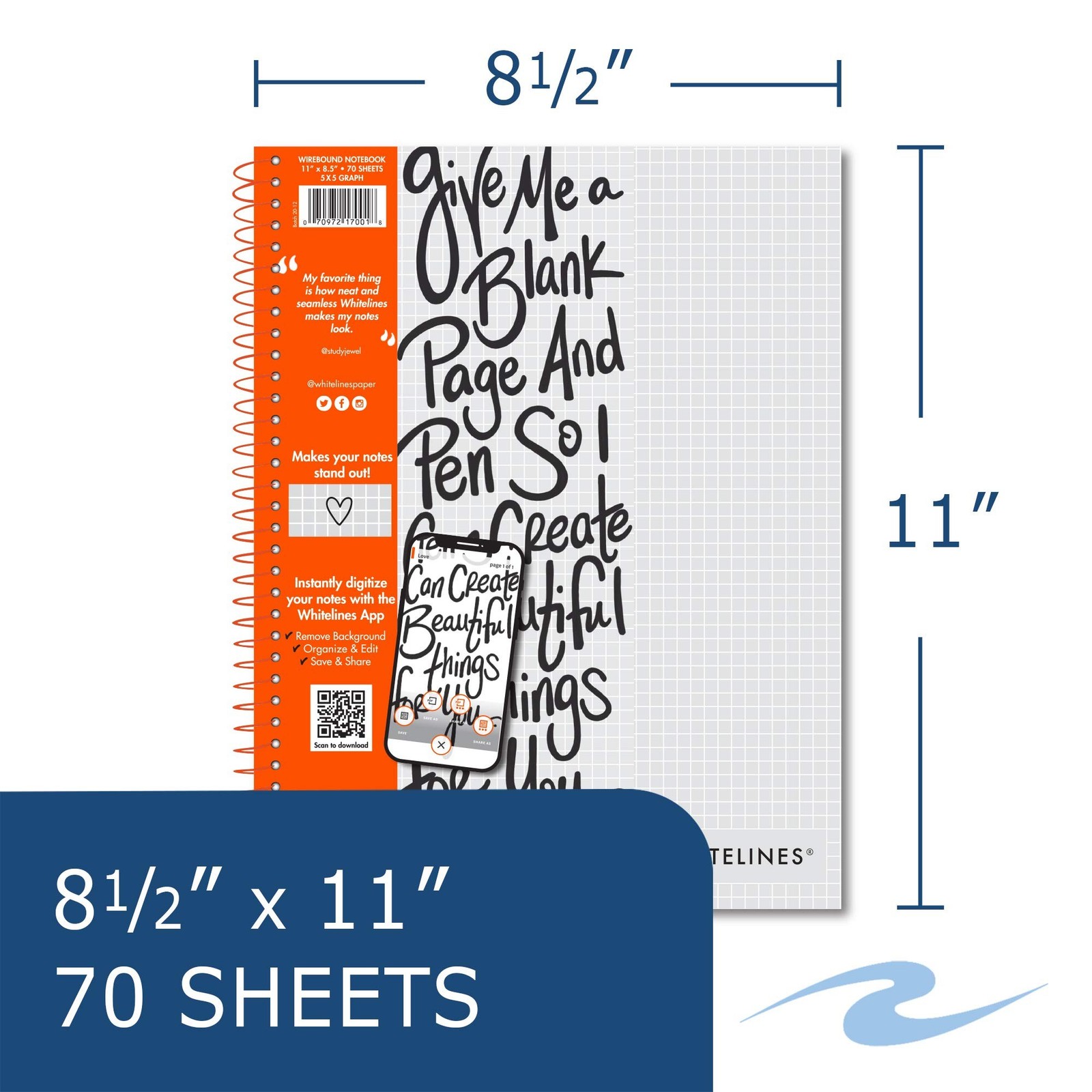 ROARING SPRING Whitelines Premium Spiral Notebook, 5×5 Graph Ruled, 11″ x 8.5…