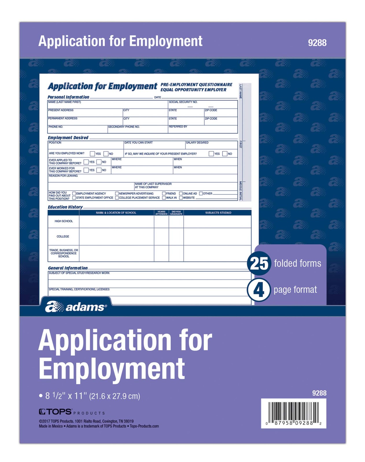 Adams Applications for Employment, 8.5 x 11 Inch, 25-Pack, White