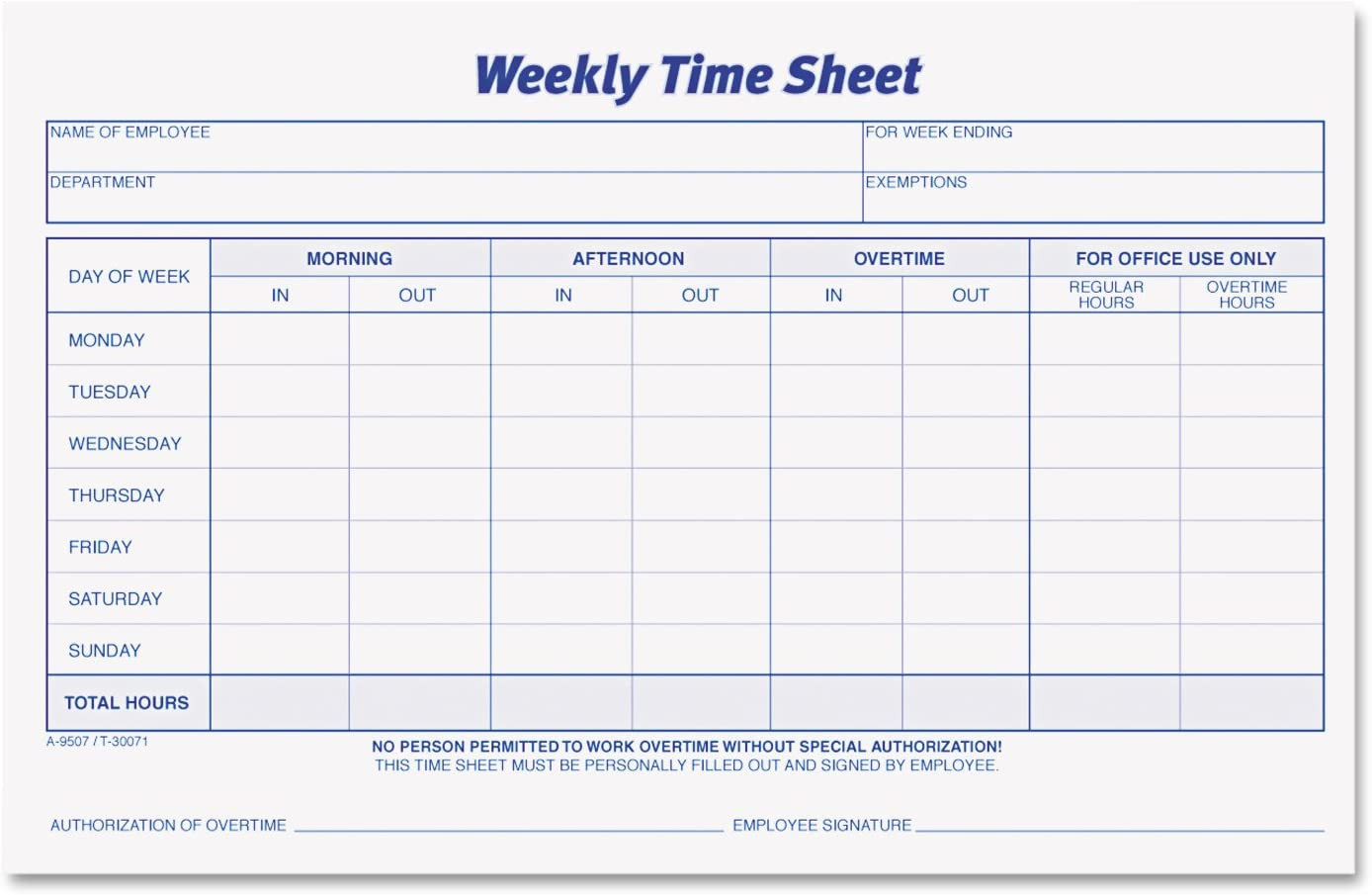 Weekly Time Sheets, One-Part (No Copies), 8.5 X 5.5, 50 Forms/Pad, 2 Pads/Pack