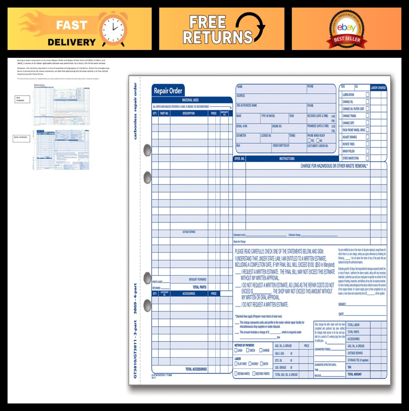 Garage Repair Order Forms – 3 Part, 50 Sets, 8.5×11.44″, White & Canary Paper