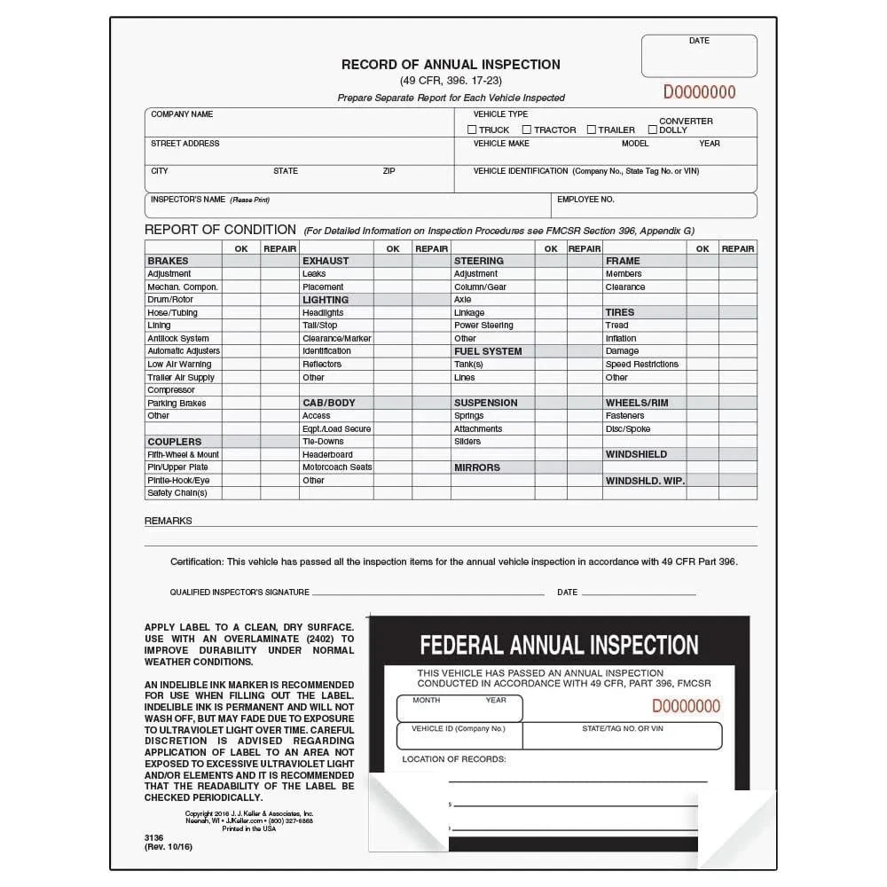 25-Pack DOT Annual Inspection Form & Label, 2-Ply Carbonless, Compliant