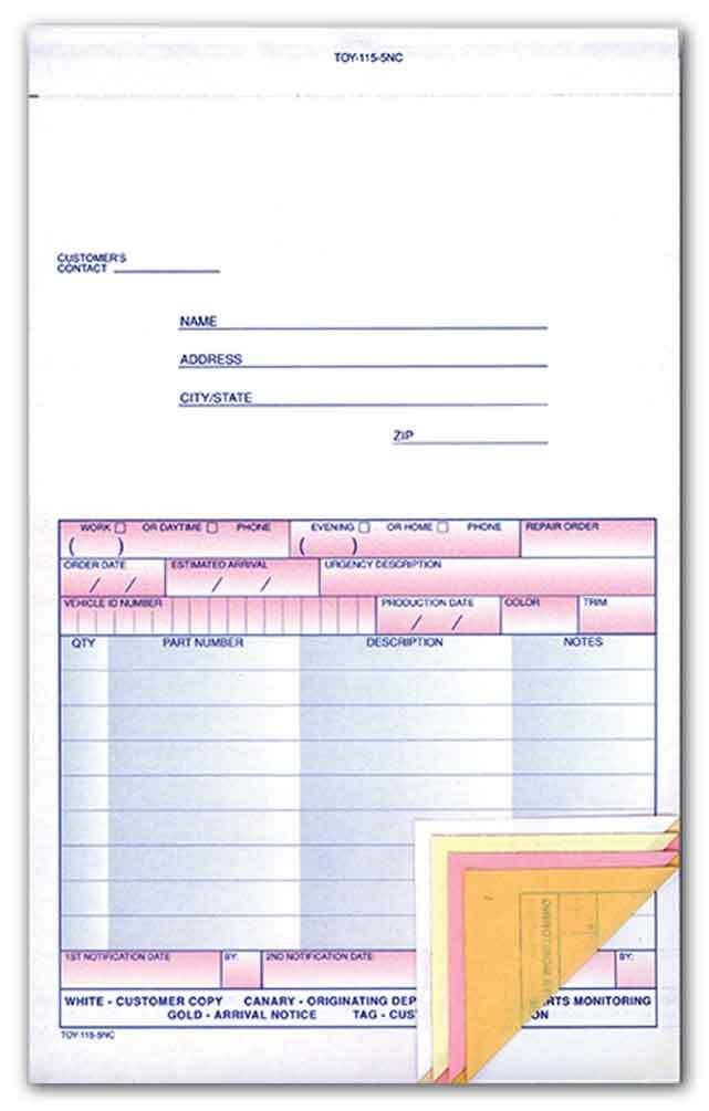 5-Part Carbonless Special Parts Order Form (Toyota) (TOY-115-5NC) (100 per pack)