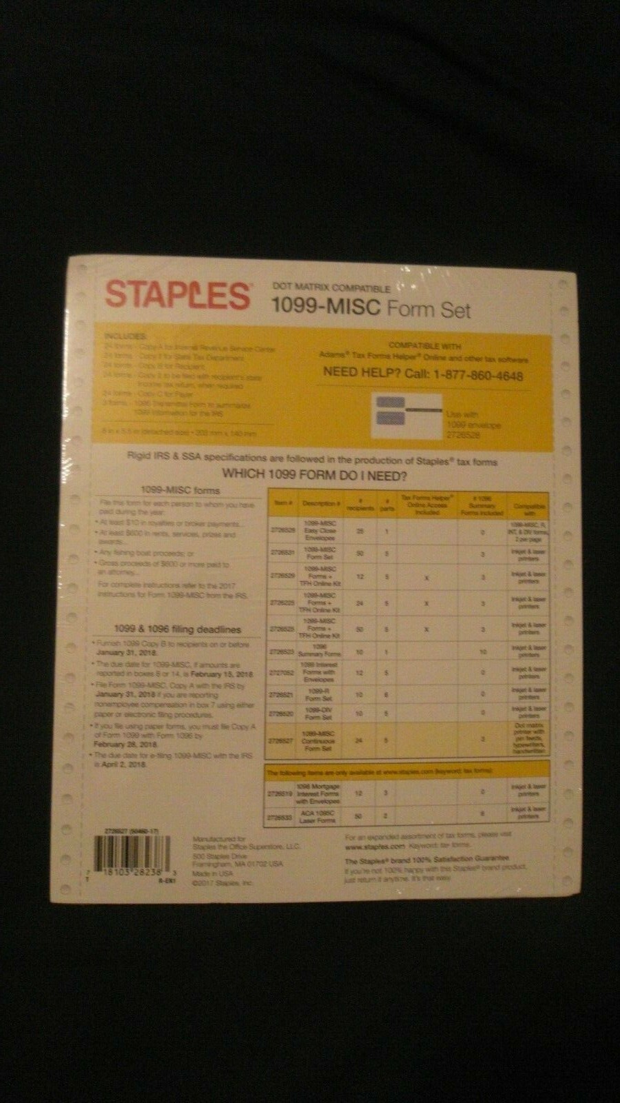 24 Count Pack Staples 2017 Dot Matrix IRS Tax Form 1099-Misc 5-Part Form Sets