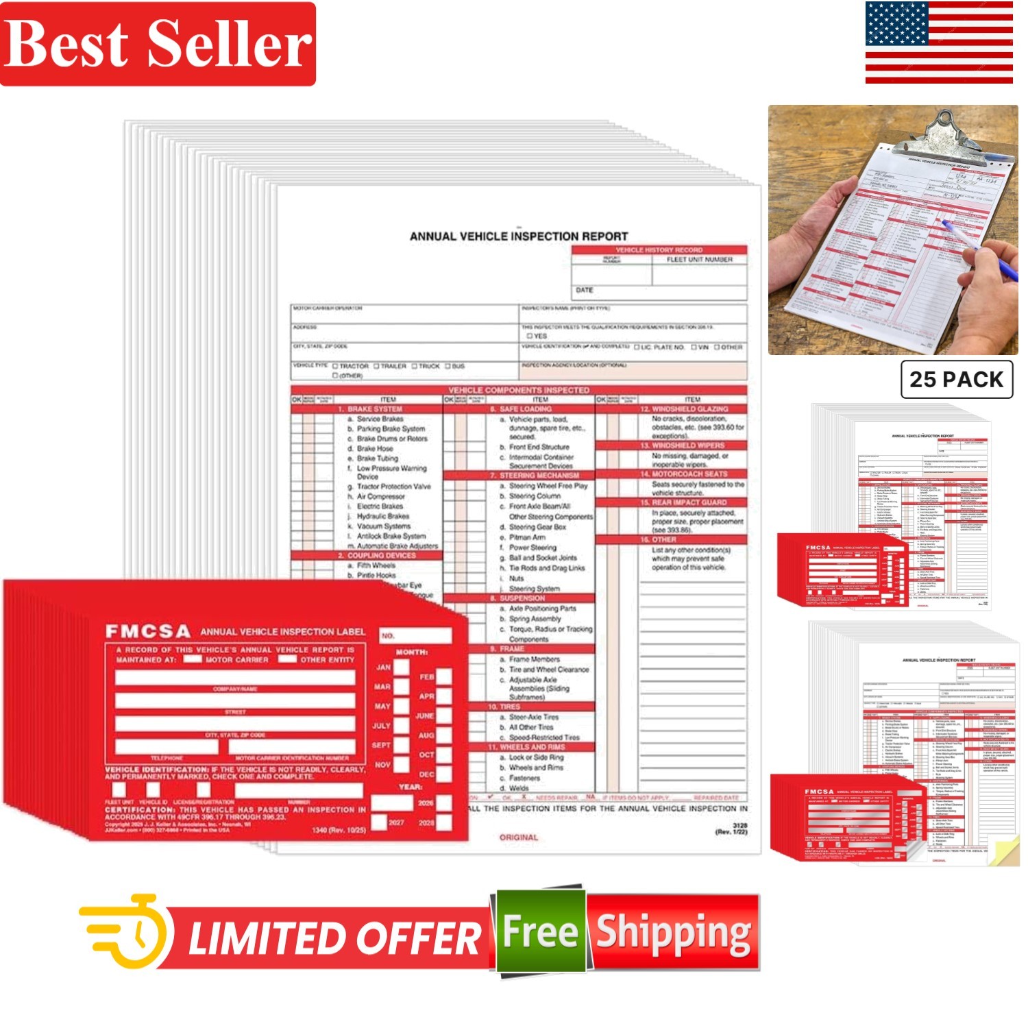 Vehicle Inspection Report Form & FMCSA Label 25 Pack Aluminum 8.5×11 Carbonless