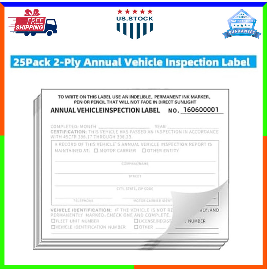 25 Pack Annual Vehicle Inspection Forms & Vinyl Labels 3 Layer Report Set