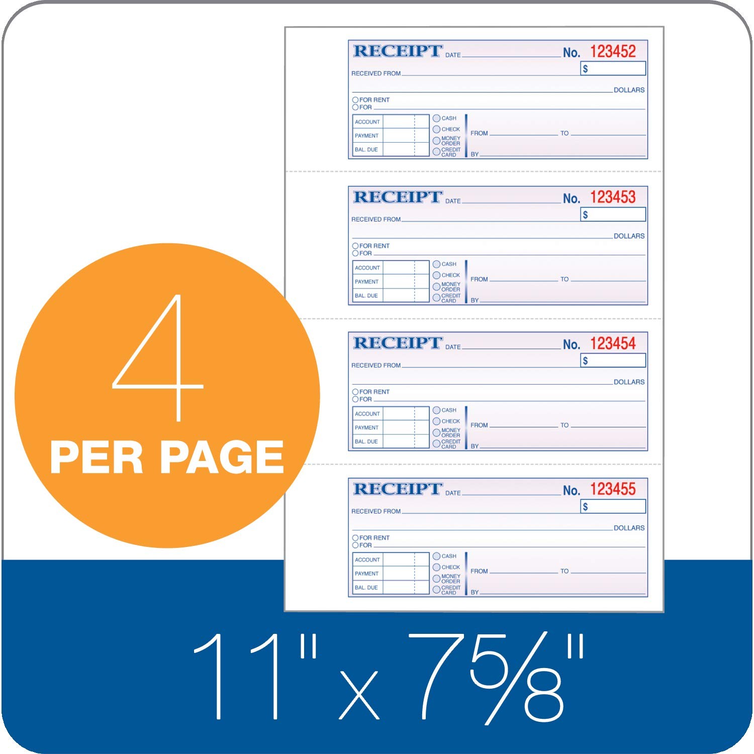 Money/Rent Receipt Book, 3-Part, Carbonless, 11 x 7-5/8 Inches, 4 Receipts/Pa…