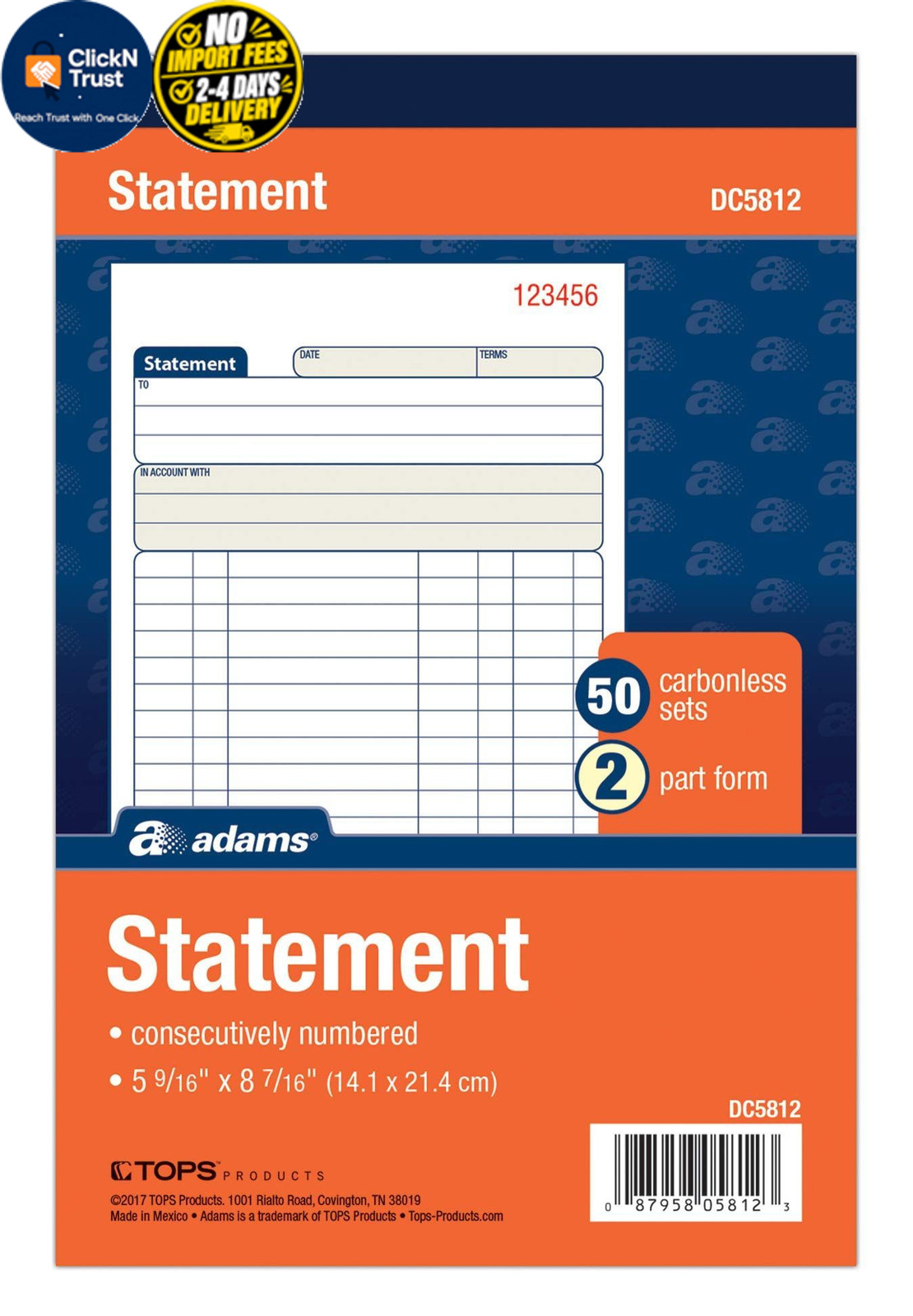 Tops Adams Statement Book, 2-Part Carbonless, 50 Sets, White/Canary