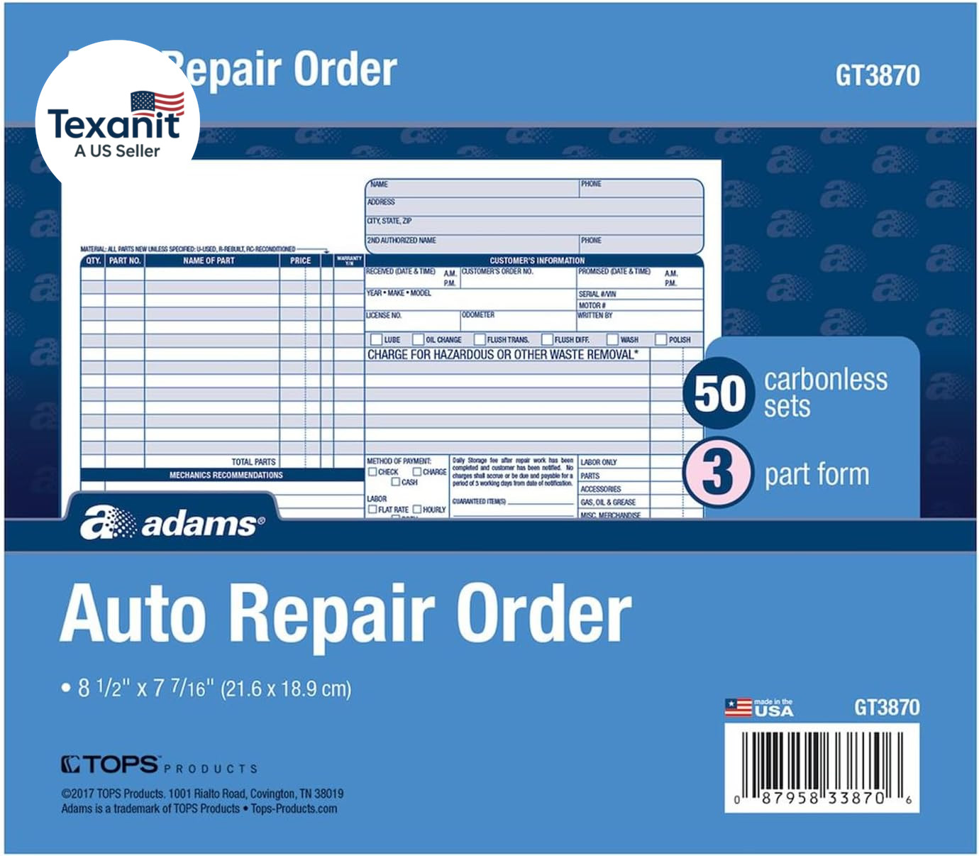 Auto Repair Order Forms, 8.5 X 7.44 Inch, 3-Part, Carbonless, 50-Pack, White and