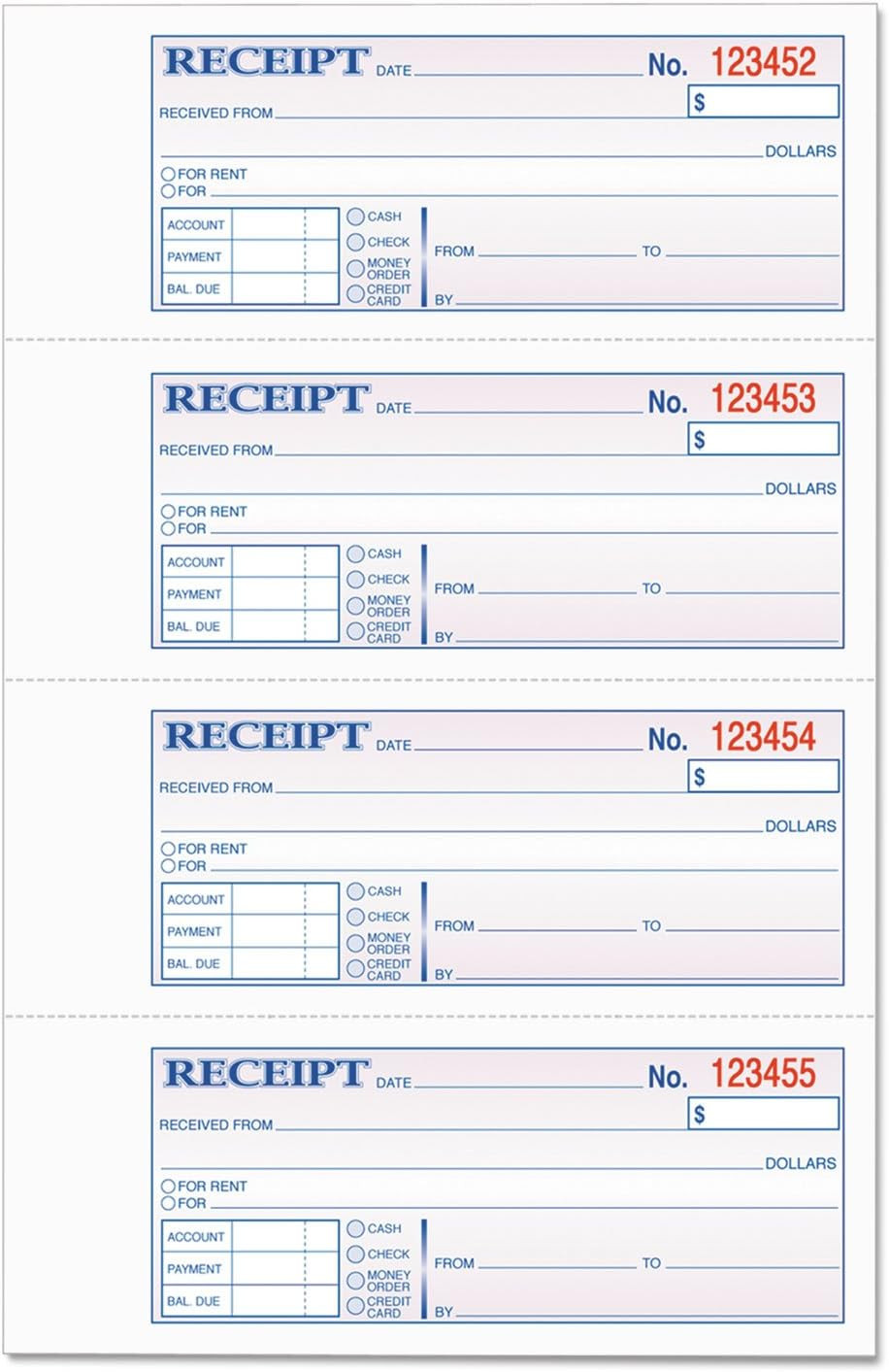 Money Receipt Book, 2-Part, Carbonless, 2-3/4 X 7-1/8 Inches, 4 Receipts per Pag