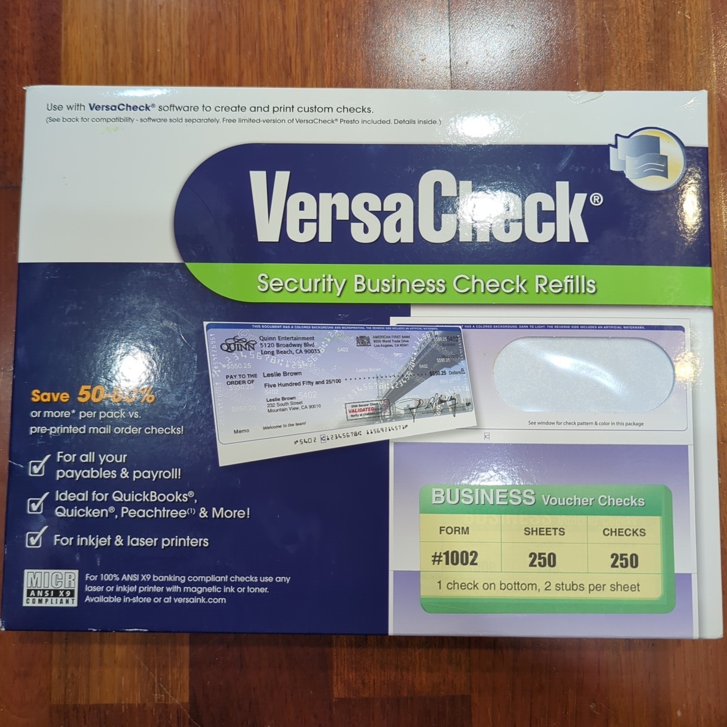 VersaCheck Security Checks – 250 Blue Blank Business Voucher Check on Bottom