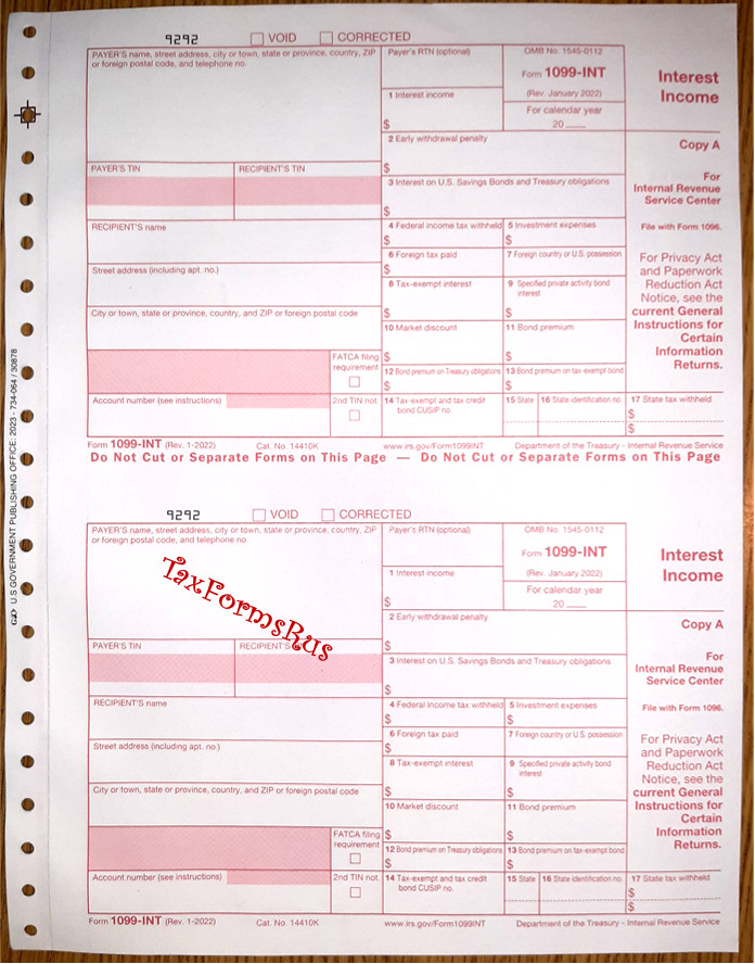 2023 IRS Tax Form 1099-INT single sheet set for 2 recipients carbonless 5-pt
