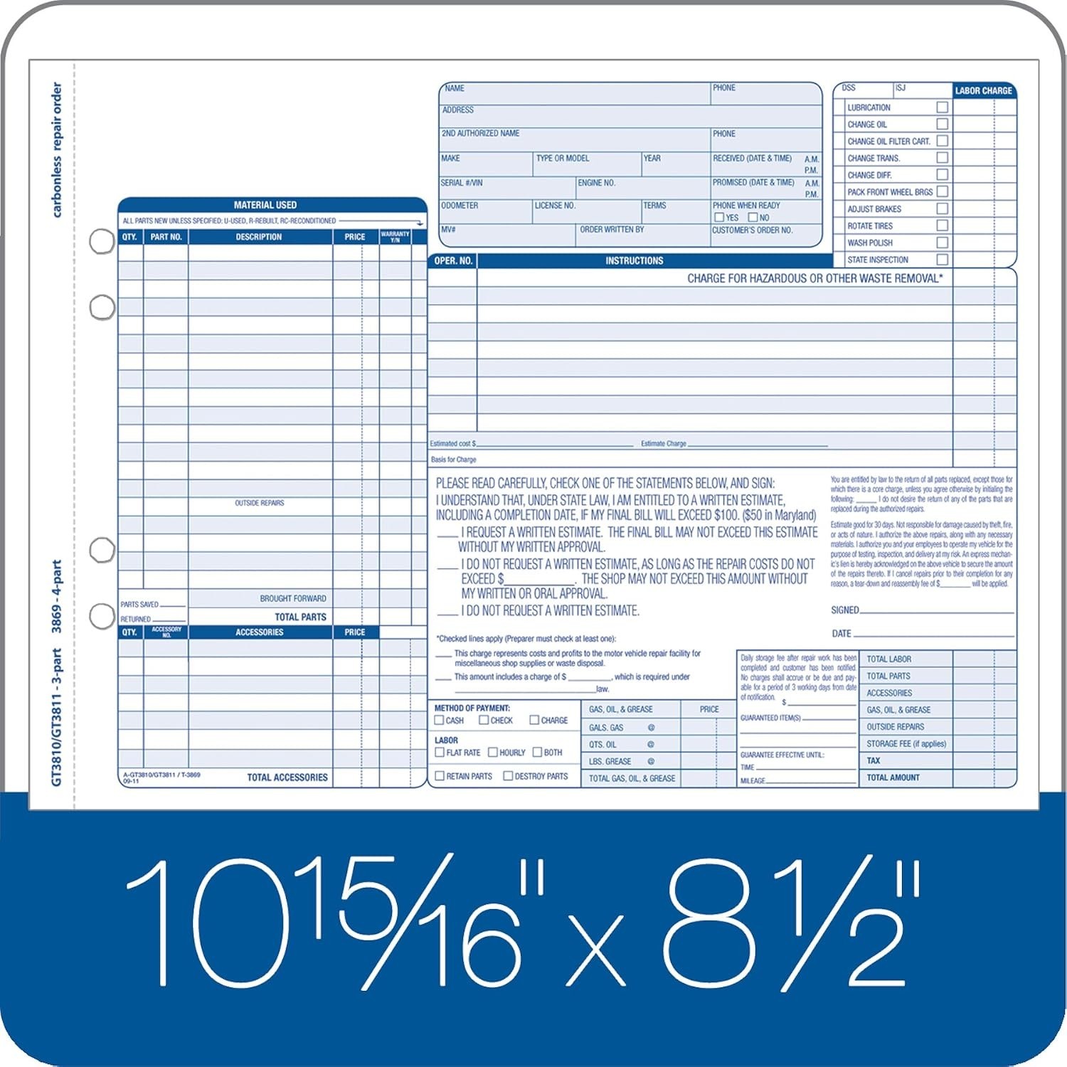 Garage Service Forms, 8.5 x 11 Inch, 3-Part, 250-Pack