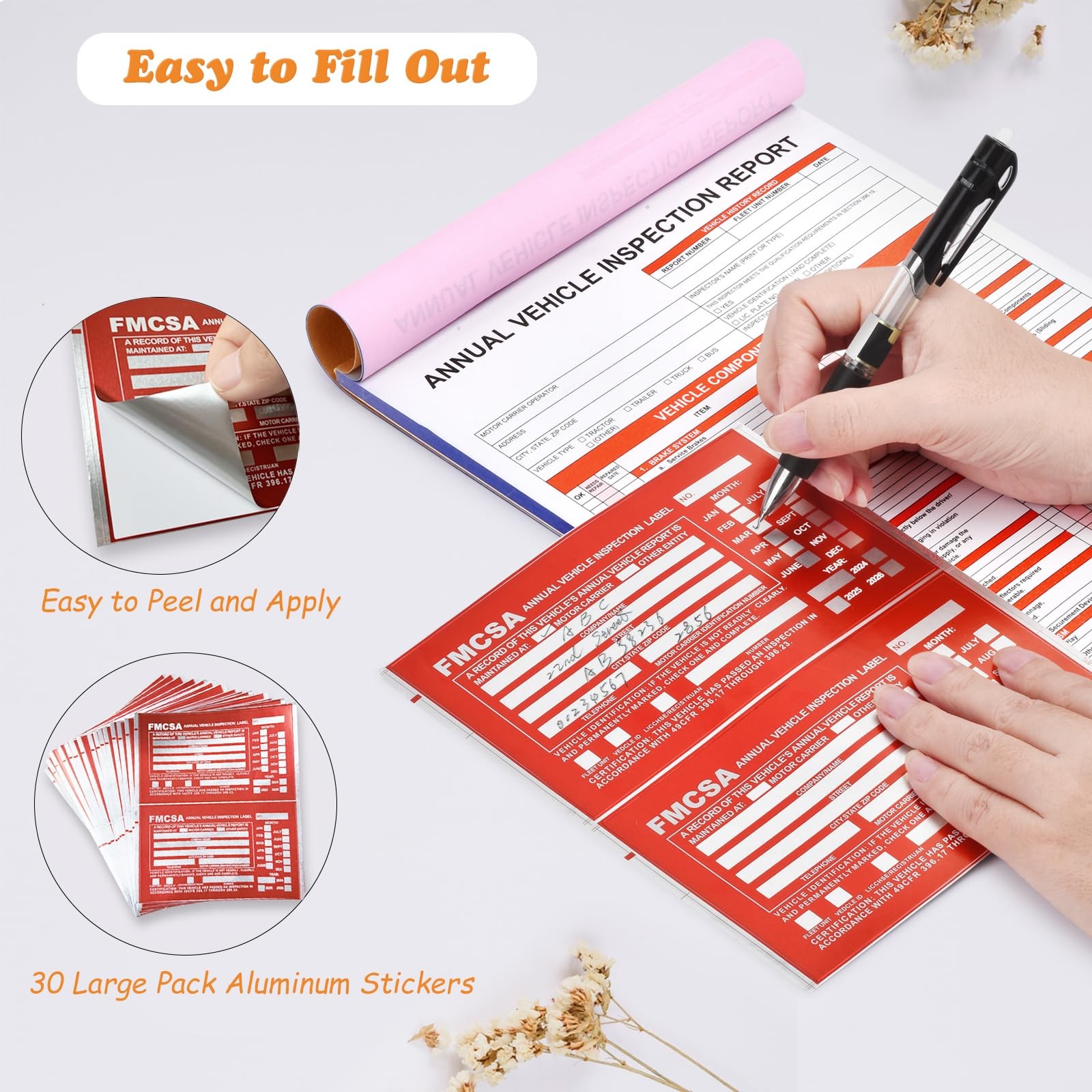 30 Pack Annual Vehicle Inspection Report Forms & 30Pk Red Aluminum FMCSA Adhe…