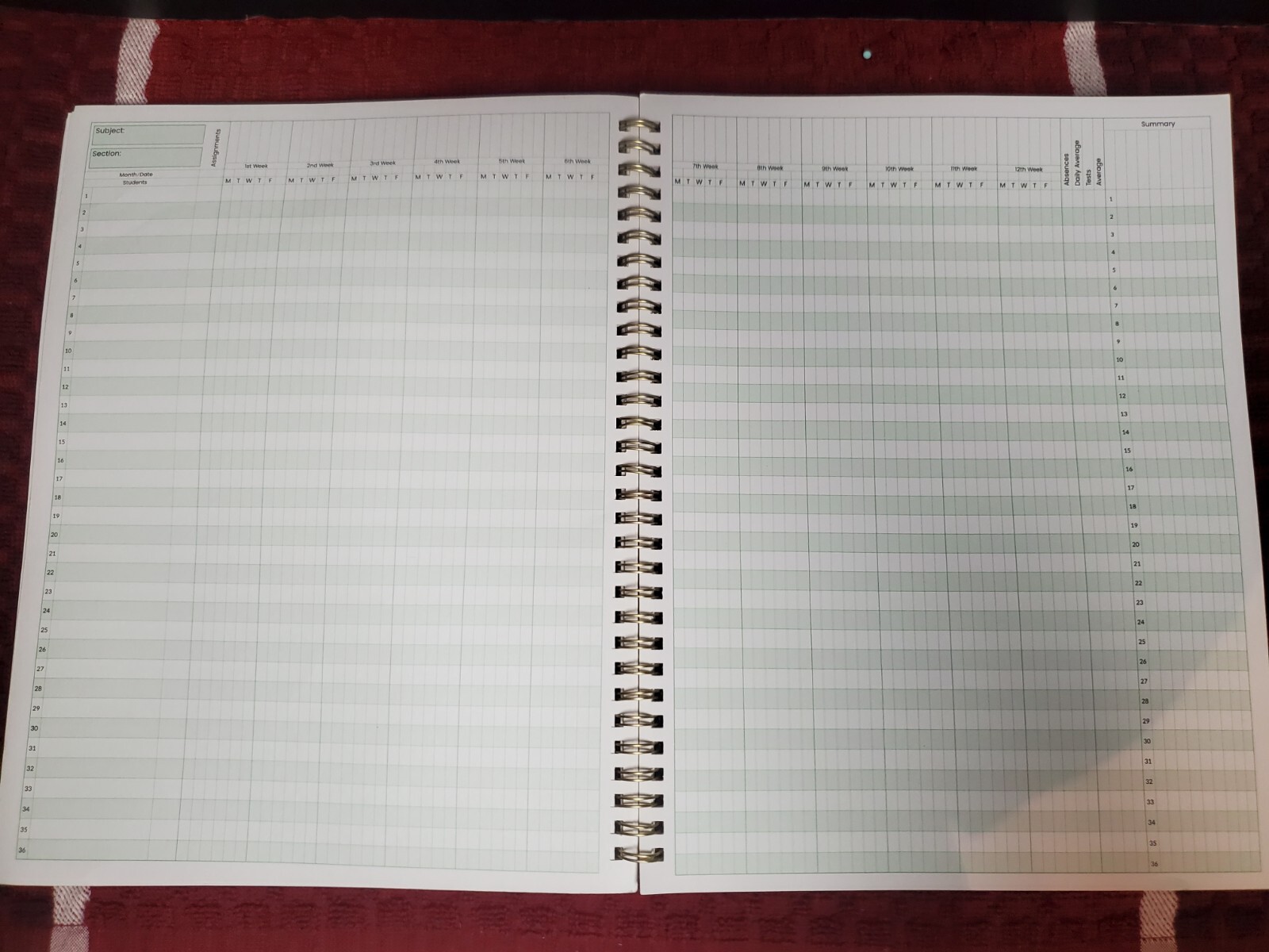 SunEE Teacher Class Record Book for 11-12 weeks,36 Names, 8.5×11 Inch, 102 Black