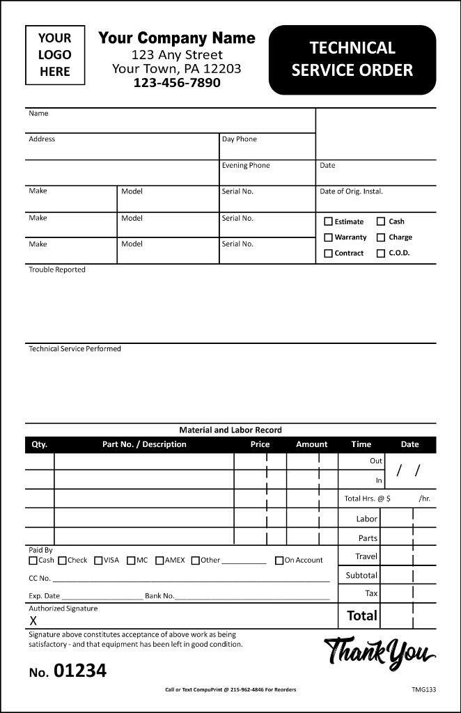 Custom Technical Service Order Forms / 2 Part Carbonless / 5.5″ x 8.5″ / TMG133