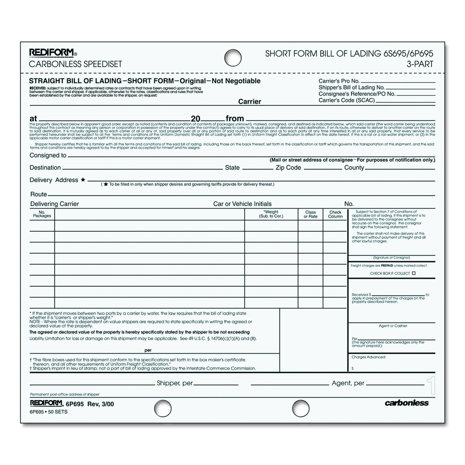 Rediform 6P695 Bill of Lading, Short Form, 7 x 8 1/2, 8 1/2 In X 7 In, White