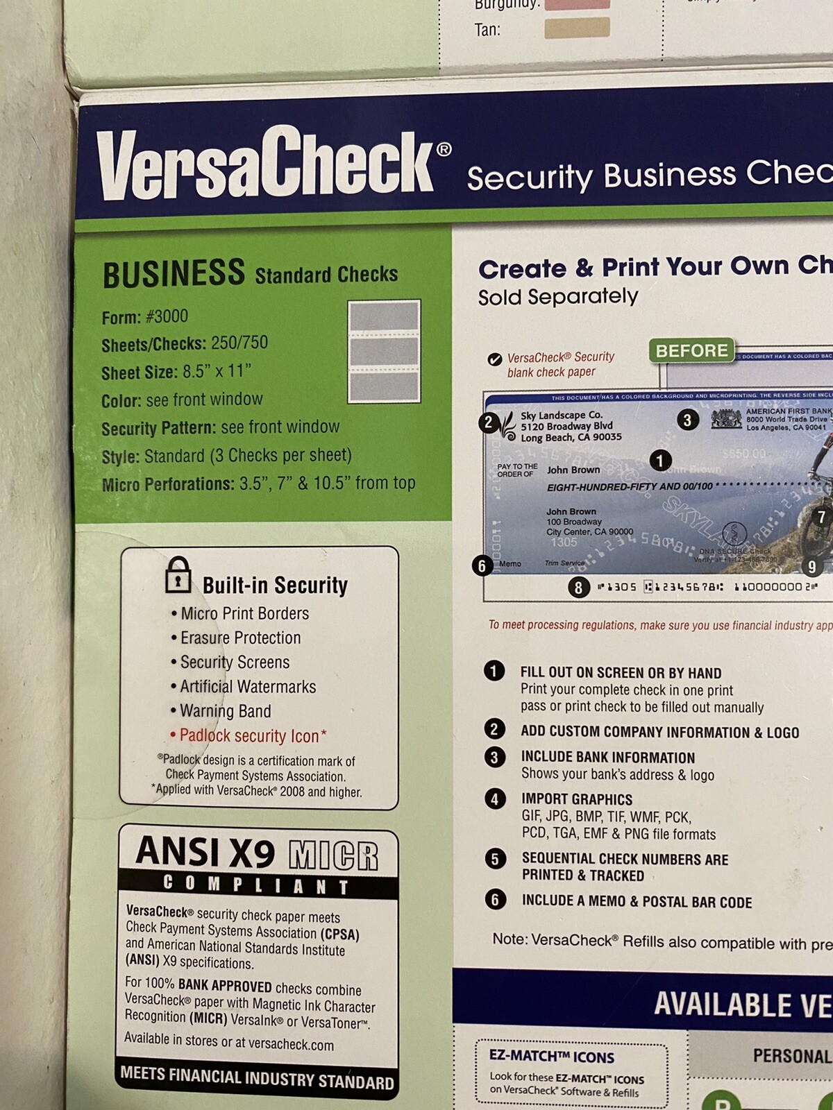 VersaCheck Security Business Check Refills 750 Standard Checks Form #3000