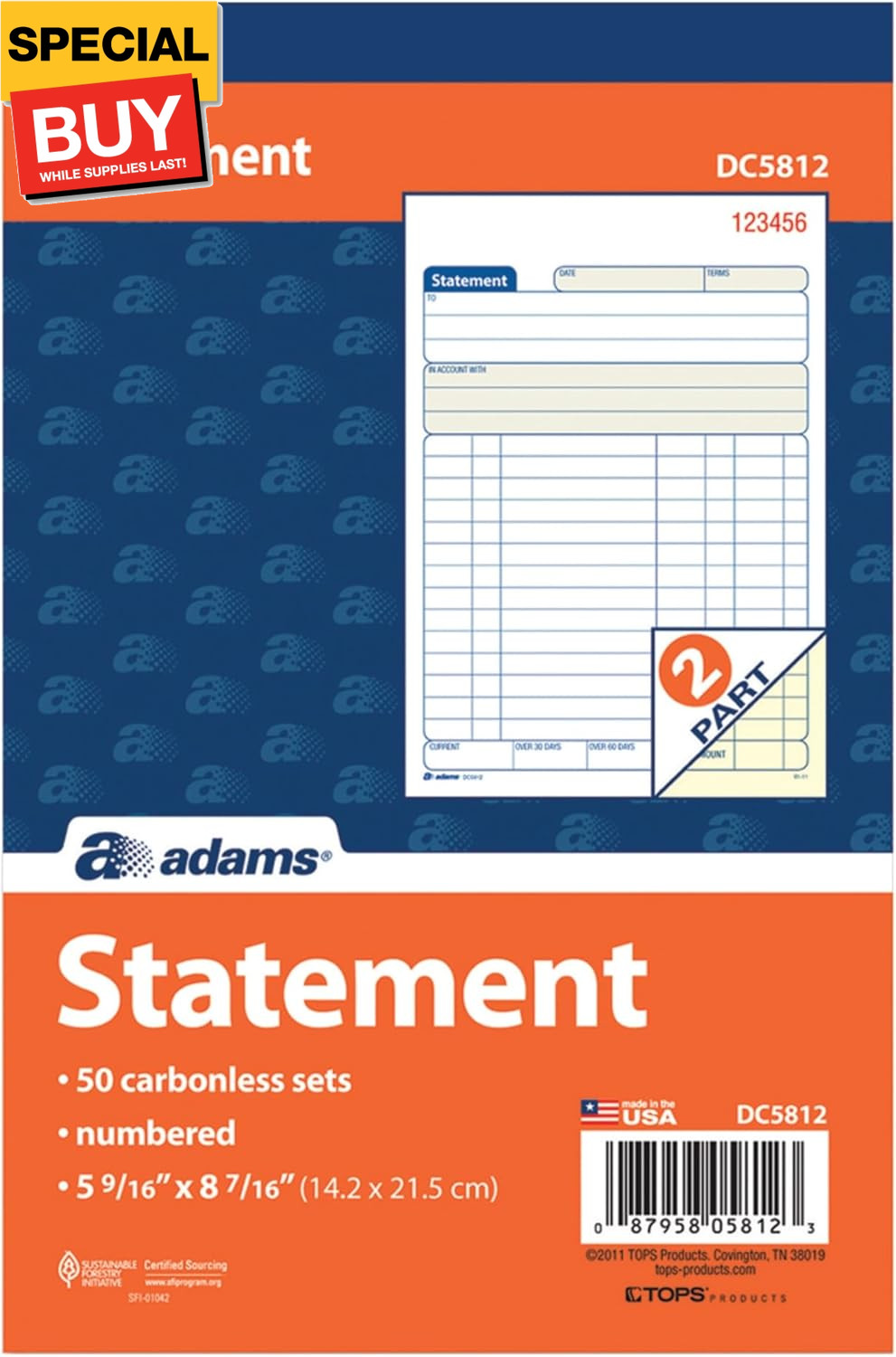 Tops Statement Book, 2-Part Carbonless, White/Canary, 5-9/16 x 8-7/16 Inches, 5