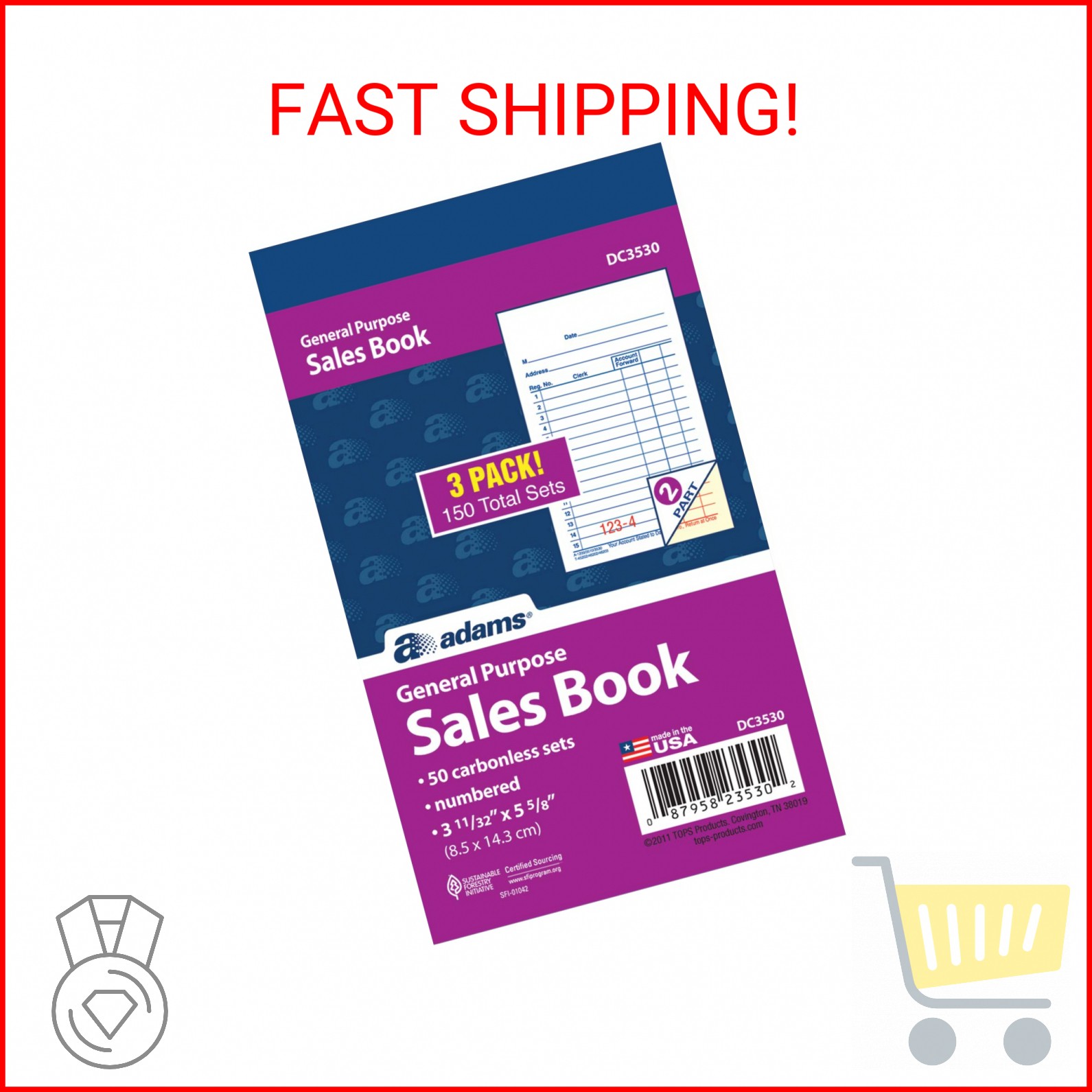 Adams General Purpose Sales Book, 2-Part, Carbonless, White/Canary, 3-11/32 x 5-