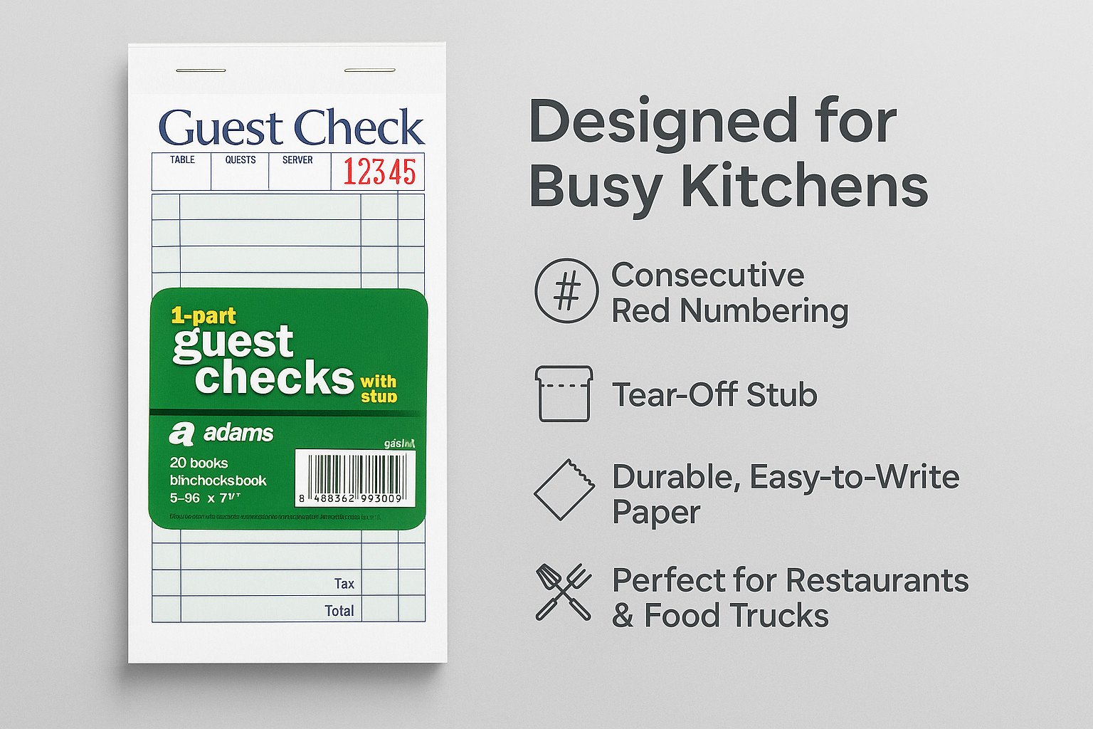 Adams Guest Checks w/ Stub 3-3/8×7 – 20/40/100 Books Options (50 Sheets Each)