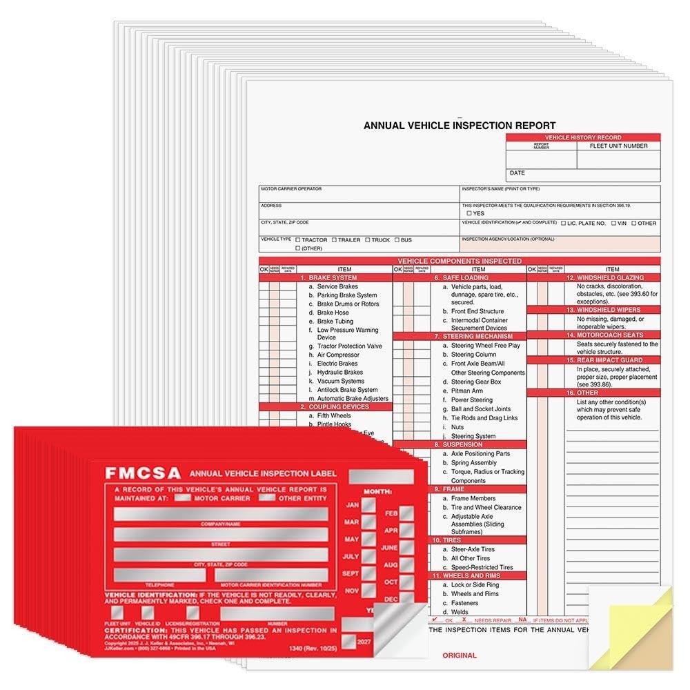25-Pack Annual Vehicle Inspection Report Form Red FMCSA Label Aluminum 3-Ply DOT