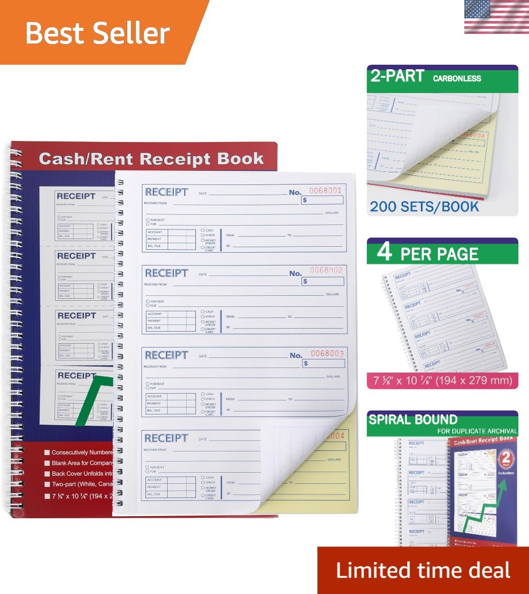 Comprehensive Rent Receipt Book with Spiral Binding – 200 Sets, 4 Receipts/page